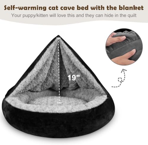 JOEJOY Small Dog Bed Cat Bed with Hooded Blanket, Cozy Cuddler Luxury Puppy Pet Bed, Donut Round Calming Anti-Anxiety Dog Burrow Cave Bed - Anti-Slip Bottom and Machine Washable 23 inch