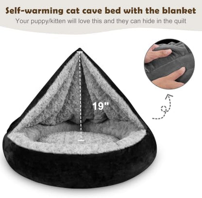 JOEJOY Small Dog Bed Cat Bed with Hooded Blanket, Cozy Cuddler Luxury Puppy Pet Bed, Donut Round Calming Anti-Anxiety Dog Burrow Cave Bed - Anti-Slip Bottom and Machine Washable 23 inch