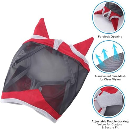 Horse Fly Mask with Ears, Breathable Fine Mesh Red Pony