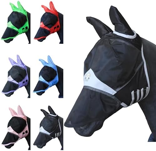 T TEKE Fine Mesh Horse Fly Mask w/Ears & Nose, UV Blocking 3D Eye Visor with Extra Fleece Cushioned Forehead, Protection from Insect Pests