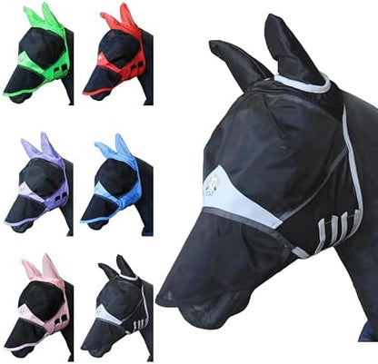 T TEKE Fine Mesh Horse Fly Mask w/Ears & Nose, UV Blocking 3D Eye Visor with Extra Fleece Cushioned Forehead, Protection from Insect Pests