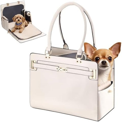 Dog Purse Carrier for Small Dogs, Stylish Foldable Pet Carrier Purse Tote Bag with Washable Cushion & Safety Leash, Airline Approved Puppy Travel Bag with Pockets (White)