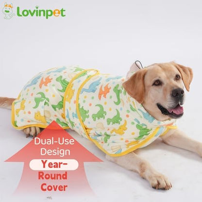 LovinPet 3-in-1 Dog Warm Winter Coat & Bathrobe, Yellow Dinosaur Fleece, L