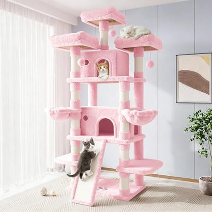 Allewie 82 Inches Large Cat Tree/House/XXL Tall Cat Towers for Big Feline/Scratching Post/Multi-Level Large Kitty Climbing Tree with Condo/Pink