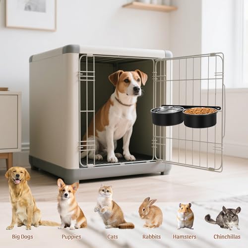 Dog Crate Water Bowls No Spill, 40oz Stainless Steel Dog Food and Water Bowl Set for Large/Medium/Small Pets, Detachable Hanging Pets Bowls for Cage, Kennel, Crate(Black)