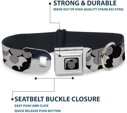 Dog Collar Seatbelt Buckle Mickey Mouse Head Stacked Black Grays 18 to 32 Inches 1.5 Inch Wide, DC-WDY349-WL