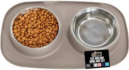 GORILLA GRIP Dog Bowl Set with Feeding Mat, 304 Stainless Steel 3 Cup Beige