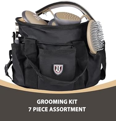 Harrison Howard Horse Grooming Brushes Kit 7 pieces with Organizer Tot Equine Care Series Horse Brush Sets Black