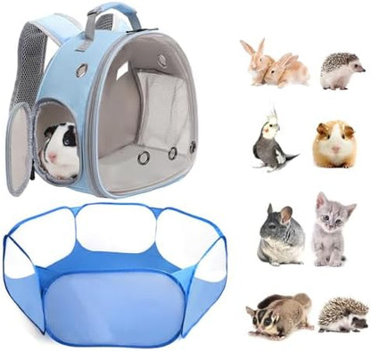 2-Pack Guinea Pig Carrier Backpack and Playpen Set - Breathable Pet Playpen Pop Open Outdoor/Indoor Exercise Fence, Portable Small Animal Backpack for Bearded Dragon, Rabbits, Hamster, Chinchillas