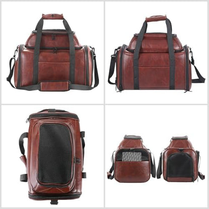 Premium Leather Top Expandable Pet Carrier for Small Dogs & Cats Under 15 lbs, Airline Approved Collapsible Soft-Sided Luxury Travel Bag Coffee