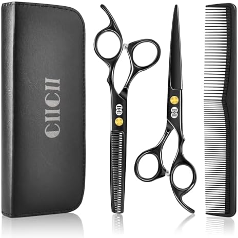 CIICII Hair Cutting Scissors Shears Kit, 6.7″ Barber Scissors Set (Black)