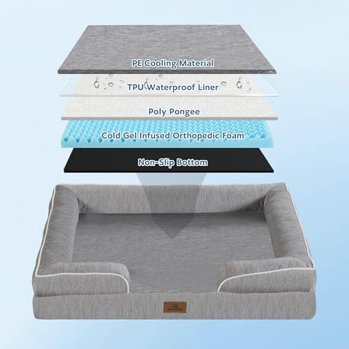 Cooling Dog Bed,Dual-Cooling Design,Q-Max >0.4 Cool Pet Beds for Extra Large Dogs,Orthopedic Foam Dog Bed with Sides, Removable Cover & Waterproof Lining,Grey (48" L x 32" W x 8" Th)