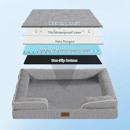Cooling Dog Bed,Dual-Cooling Design,Q-Max >0.4 Cool Pet Beds for Extra Large Dogs,Orthopedic Foam Dog Bed with Sides, Removable Cover & Waterproof Lining,Grey (48" L x 32" W x 8" Th)