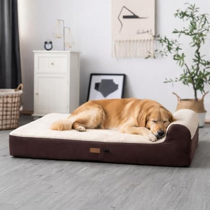 KOPEKS Jumbo Orthopedic Dog Bed - 7-inch Thick Memory Foam Pet Bed with Pillow with Removable Cover & Free Waterproof Liner - for Large Breed Dogs, XL, Brown-Plush Top