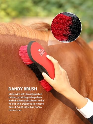 Harrison Howard Horse Grooming Kit, 7 Piece Horse Brush Set with Curry Comb, Hoof Pick, Sweat Scraper & Bag Red