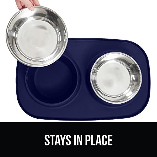 GORILLA GRIP Dog Bowl Set with Feeding Mat, 304 Stainless Steel, 3 Cup Navy