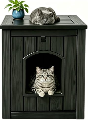 Cat Litter Box Enclosure, Resin Hidden Litter Box Furniture Side Table with Openable Front Door, Weatherproof Indoor & Outdoor Cat Litter Box Cabinet, Raised Floor, Easy to Clean & Assemble, Black