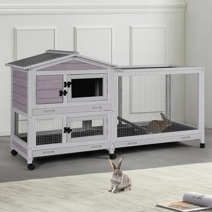 Indoor/Outdoor Rabbit Hutch with Pull-Out Tray, Weatherproof Bunny Cage & Attached Run - Also for Chickens (Grey, L)