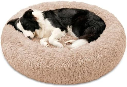 JOLLYVOGUE Calming Washable Dog Bed Medium Size Dog, 31 Inch Donut Medium Dog Bed with Removable Cover, Anti-Slip Round Fluffy Faux Fur Bed, Fits up to 45 lbs Pets, Camel