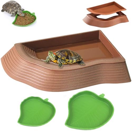 3 Pcs Tortoise Water Dish with Ramp Leaf Tortoise Water Food Bowls Reptile Water Dish Amphibians Habitat Accessories for Lizard Turtle Horned Frog Brown
