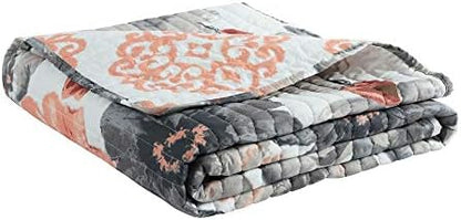 Lush Decor Leah Reversible Throw Blanket, 50" W x 60" L, Coral & Gray - Large Blooming Watercolor Flowers - Charming Quilted Floral Blanket For Bed, Couch, Or Chair