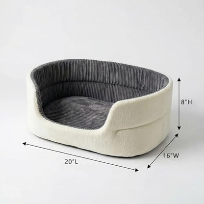 Small Dog Bed Cat Bed 16x20 Inch, Calming Pet Bed for Dogs & Cats, Machine Washable Dog Bed, Half-Enclosed Open-Top Velvet Anti-Anxiety Bed, Cozy Snuggle Bed (White)