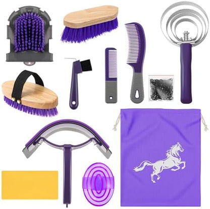 Abbylike 12 Pieces Horse Grooming Kit Equine Care Brushes, Gray and Purple