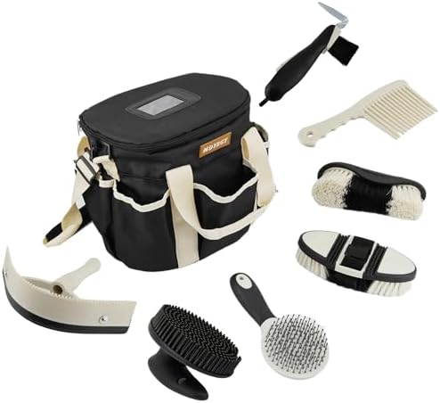 8Pcs Horse Grooming Kit,Horse Brush Set Equine Care Cleaning Kit with Organizer Tote Bag, Tack Room Supplies Set for Grooming and Bathing