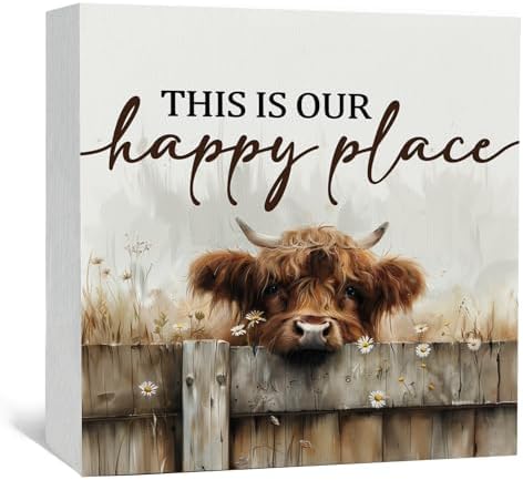 Highland Cow Sign - Farmhouse Western Animal Office Kitchen Bedroom Decor,Rustic Farm This Is Our Happy Place Home Decor Signs,highland Cow Gifts For Women,5x5 Inch