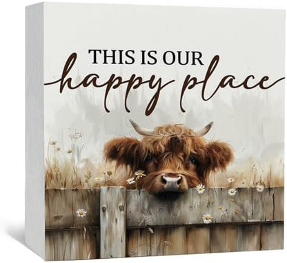 Highland Cow Sign - Farmhouse Western Animal Office Kitchen Bedroom Decor,Rustic Farm This Is Our Happy Place Home Decor Signs,highland Cow Gifts For Women,5x5 Inch