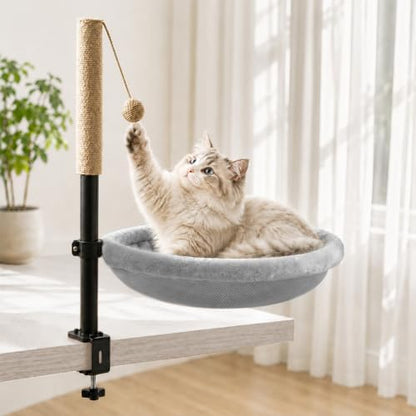 Cat Desk Bed with Scratching Post Clamp On 360 Rotating Gray