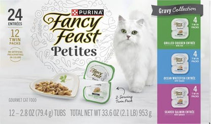Fancy Feast Purina Gourmet Wet Cat Food Variety Pack,Petites Gravy Collection,Break-Apart tubs,48 Servings - 2.8 oz. Tubs,(Pack of 24)