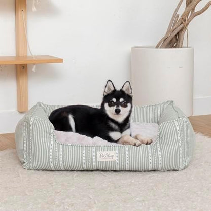 Fringe Studio Block Stripe Dusty SAGE 29" W x 24" D x 9" H Medium Rectangular Cuddler Pet Bed W/Reversible Cushion, 100% Cotton Canvas Exterior, Machine Washable, PetShop Collection (755MD001)
