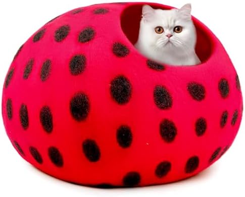Woolygon Premium Felt Cat Cave Bed – Wool Kitty Beds Handcrafted Kitten Caves Bed for Indoor Cats - Made from Merino Wool, Foldable Cat Hideaway Covered Cat House Pod (Red Polka)