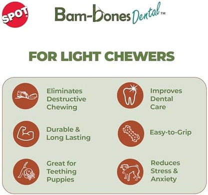 SPOT Bam-Bones Dental X-Bone - Made with Bamboo Fiber and a Massaging Rubber Center, Durable Oral Care Dog Chew for Light Chewers & Teething Puppies under 40lbs, 8in Allergen Free Peanut Butter Flavor