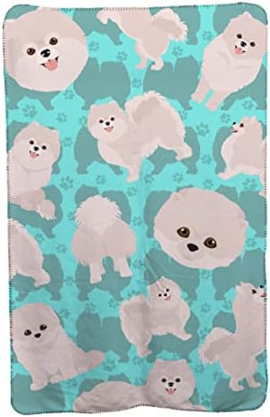 Caroline's Treasures MLM1084TBLT White Pomeranian Soft Travel Blanket with Bag Airplane Blanket, Indoor Outdoor Camping Blanket for Traveling, Picnics, Beach Trips, Concerts