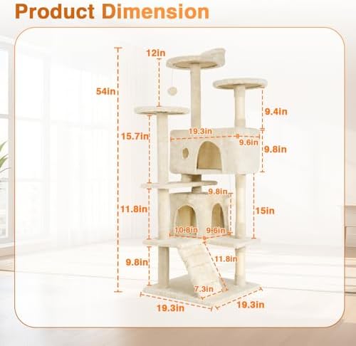 FDW | 54" Cat Tree Tower | Beige | Multi-Level Indoor Activity Center
