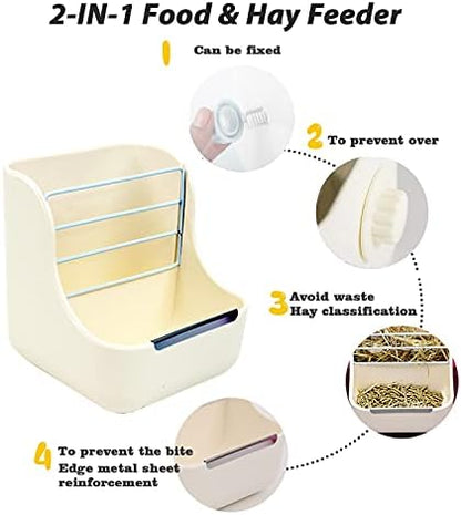 HERCOCCI Rabbit Hay Food Bin Feeder and Bunny Water Bottle Set, Hay Food Feeder Bowls Manger Rack with 500ml Hanging Water Dispenser Prevent Knock Over for Rabbit Guinea Pig Chinchilla (Large, White)