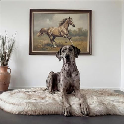 Faux Fur Orthopedic Dog Bed, Memory Foam, White w/Brown Tips 60"x35"