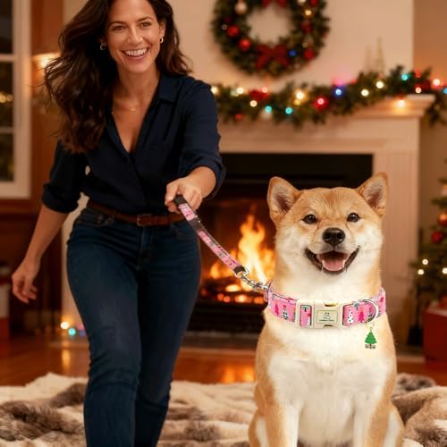 Lionheart Glory Christmas Dog Collar, Pink Christmas Tree Adjustable Soft Comfortable Collar for Medium Dogs for Girls or Boys