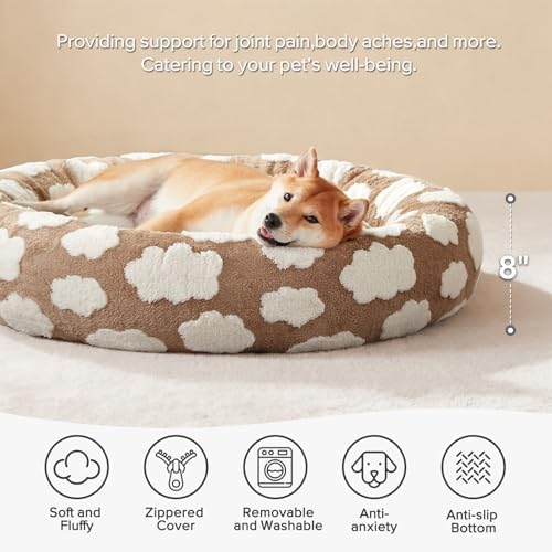 JOEJOY Jacquard Donut Round Dog Beds Medium Sized Dog,Brown 30x30x8in, Removable Washable Cover, Cute Pattern, Ultra Soft Fluffy Calming Pet Bed with Thick Supportive Bolster