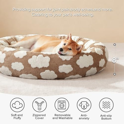 JOEJOY Jacquard Donut Round Dog Beds Medium Sized Dog,Brown 30x30x8in, Removable Washable Cover, Cute Pattern, Ultra Soft Fluffy Calming Pet Bed with Thick Supportive Bolster
