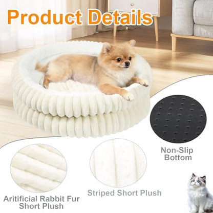 Cat Beds for Indoor Cats,Washable Round Donut Dog Bed(White, S)
