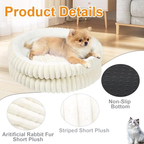 Washable Round Donut Dog Bed,Cat Beds for Indoor Cats(White, M)