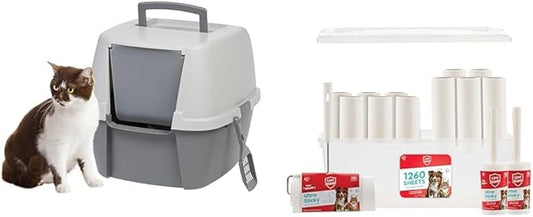 IRIS USA Cat Litter Box, with Front Door Flap, Handle and Scoop, Dark Gray + Extra Sticky Lint Roller, Value Pack Comes with Storage Box, Standard and T-Handle Roller, Refills, 1260 Sheets Total