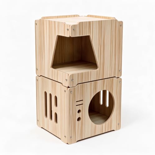 Large 2double-Deck Cat Fort for Pet Cat Cave for Indoor Cats Cat House for Multi Pet Large Kitten Kitty Cat Bed Wooden Style 15 * 15 * 30 inches (2layer)