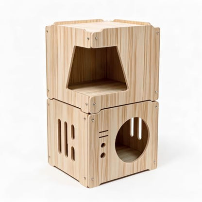 Large 2double-Deck Cat Fort for Pet Cat Cave for Indoor Cats Cat House for Multi Pet Large Kitten Kitty Cat Bed Wooden Style 15 * 15 * 30 inches (2layer)