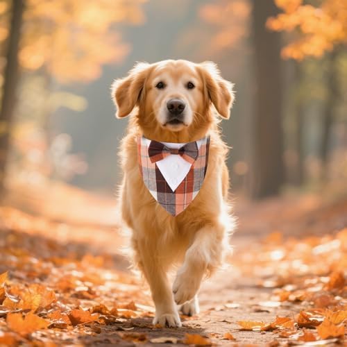 ADOGGYGO Fall Dog Tuxedo Bandana, Plaid Thanksgiving Dog Bow Tie Collar, XL