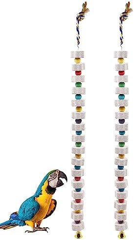 2 Pack 27 Inches Extra Long Bird Chewing Toy, Parrot Beak Grinding Calcium Stone with Bells, Bird Cage Accessories, Cage Toys for Cockatiel Parakeet Parrot Budgies Rat Hamster Rabbit African Grey