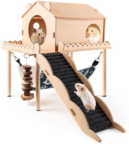 Kalolary Guinea Pig Hideout Wooden Guinea Pig Castle with Stair Hammock Mat